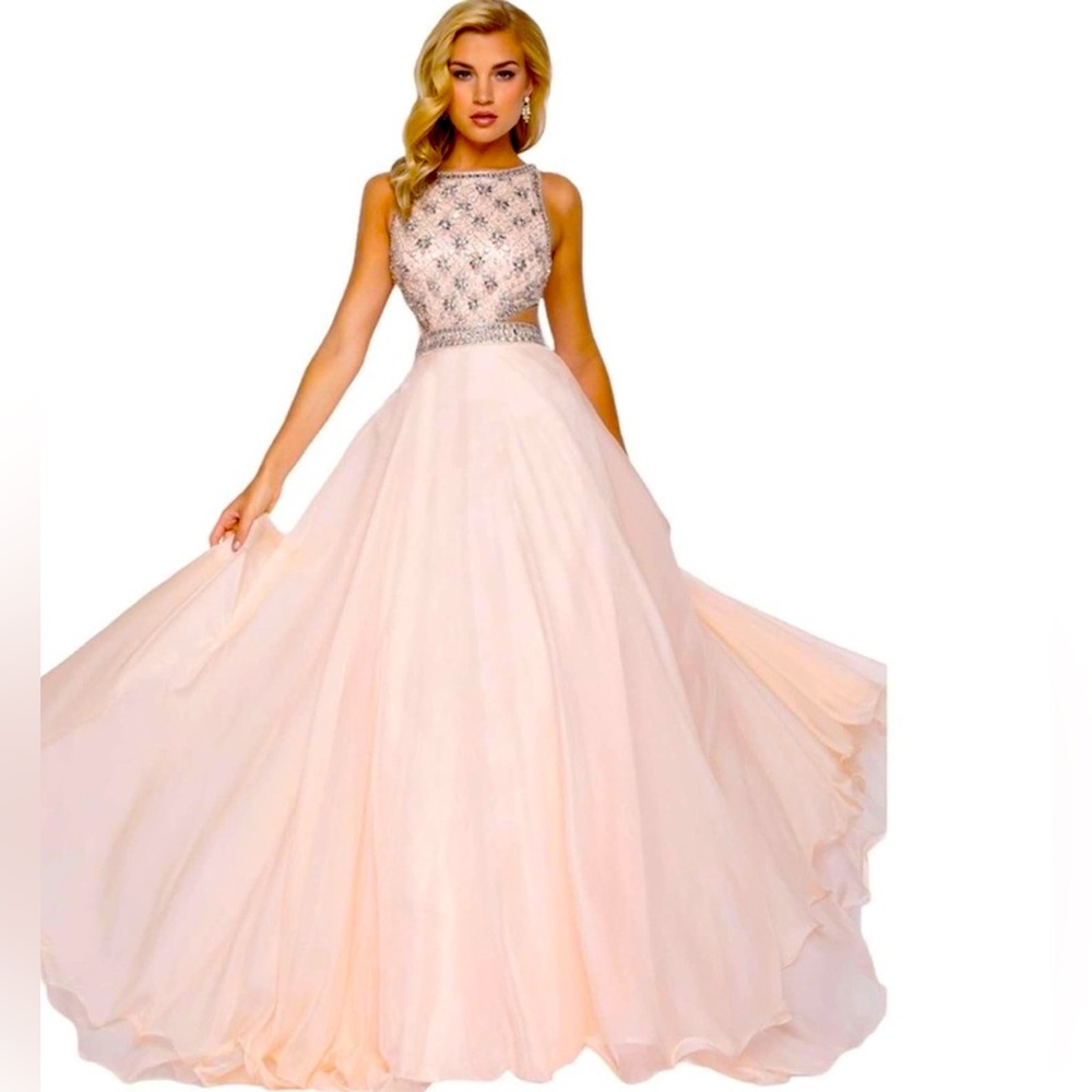 Mac Duggal | Jeweled Beaded High Neck Evening Gown In Peach Sorbet Size 12